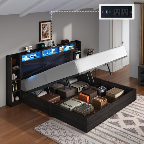 LUXOAK Full Size Lift Up Bed Frame with Bookcase Headboard & 2 Side Shelf, Farmhouse Storage Bed with LED Light and Charging Station, No Box Spring Needed, Noise-Free, Black Oak LUXOAK