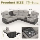 Dresegmt Home Theater Seating, Manual Recliner Sectional Sofa for Living Room, 5 Seater Reclining Sectional Couch with Flip-Up Backrest, Storage Console, USB Ports, Grey Linen & Chocolate Leather Dresegmt