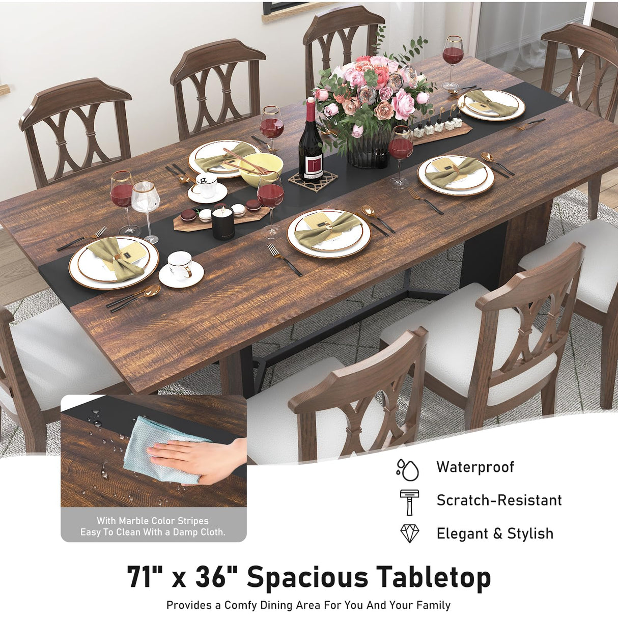 Hlivelood 71In Large Rectangular Dining Table for 4 5 6 7 8 People w/35 Marble-Color Wood Watrproof Brown Tabletop,Adjustable Leg.6ft Luxurious Family Dinner Table for Office Kitchen Living Room Hlivelood