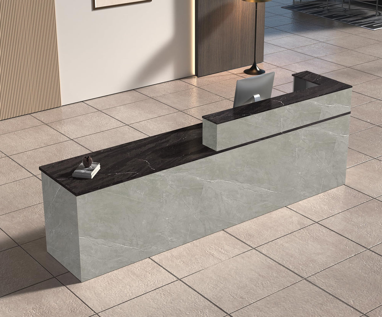 Anzhap L-Shaped Reception Desk with Counter, Front Desk Reception Counter with Drawer, Keyboard Tray & Cable Box for Office, Salon, Lobby, Checkout, Retail(Grey + Black/Left, 79" L * 24" W * 39" H) Anzhap