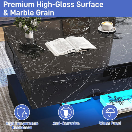 chartustriable 47.2" Large Lift Top Coffee Table with Charging Station, LED Modern High Glossy Center Table with Hidden Compartment Storage, White Lift Living Room Tables with Marbling Print, Black chartustriable
