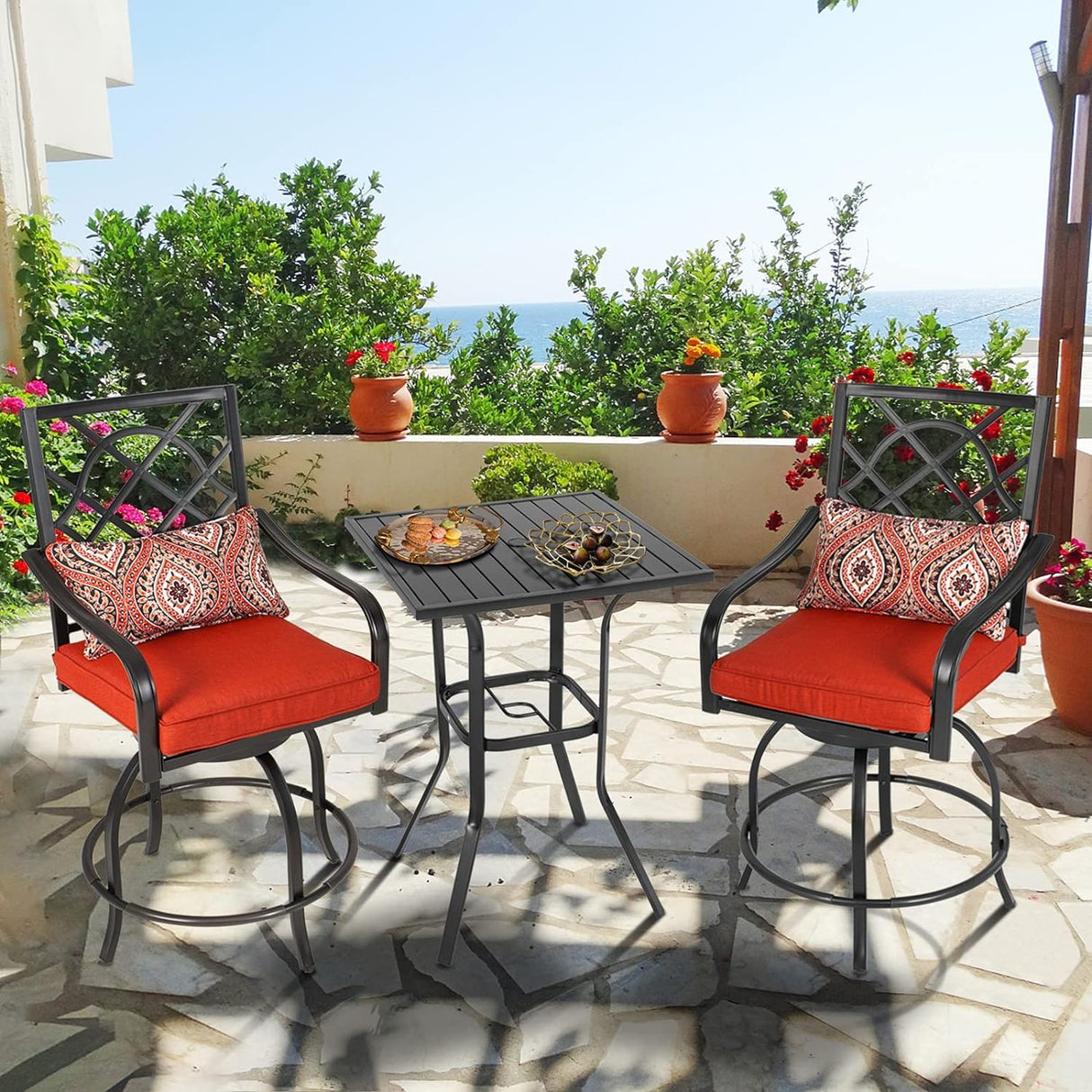 Patiomore Patio Bar Table, Outdoor Bar Height Bistro Table with Umbrella Hole, Metal Frame and Slat Design (Black) Patiomore