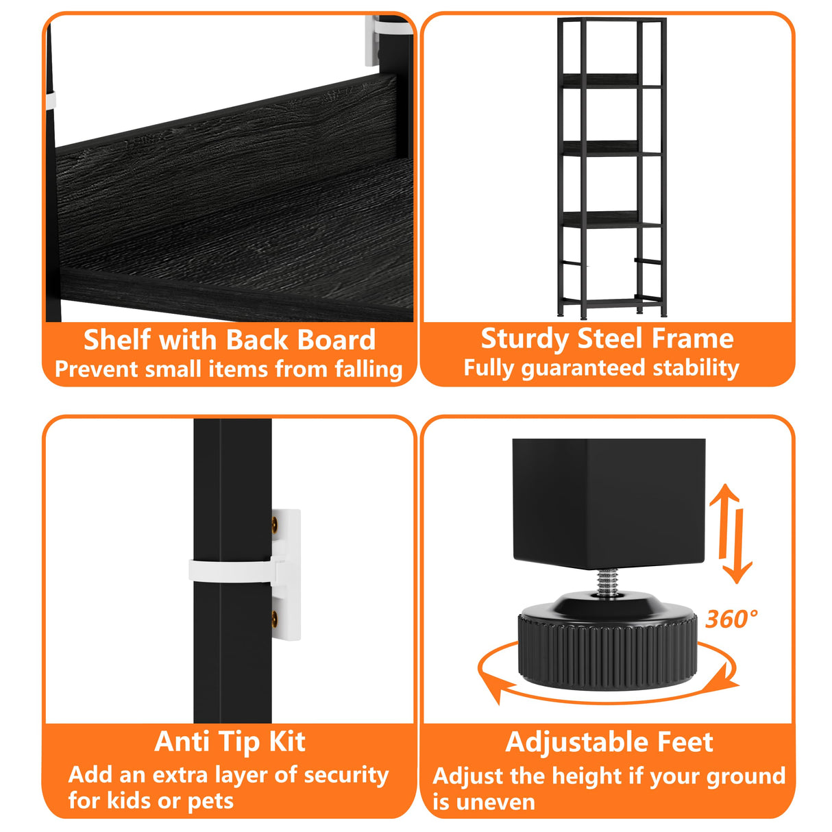 Furnulem 4-Tier Corner Shelf, Bookshelf with 2 Storage Drawers, 57.28”Tall Narrow Bookcase, Standing Shelf Organizer Unit for Living Room, Bedroom, Metal Frame, Wood Display Shelf Furnulem