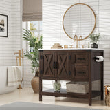 AMERLIFE 36" Farmhouse Bathroom Vanity with Sink Combo, Freestanding Small Single Wood Barn Door Bath Storage Cabinet Set with Sliding Drawers & Open Shelf, Paper Towel Holder, Rustic Brown AMERLIFE