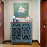 Sophia & William Accent Cabinet with Doors, Distressed Display Storage Cabinet with Wooden Frame and Hollow-Carved Floral Patterns for Entryway Living Room, Blue Sophia & William