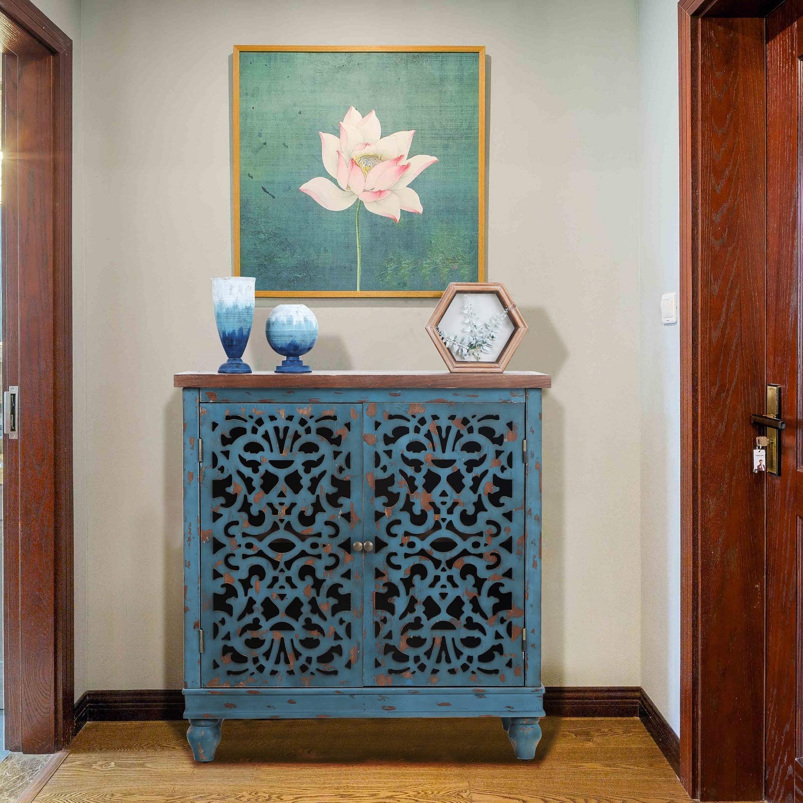 Sophia & William Accent Cabinet with Doors, Distressed Display Storage Cabinet with Wooden Frame and Hollow-Carved Floral Patterns for Entryway Living Room, Blue - WoodArtSupply