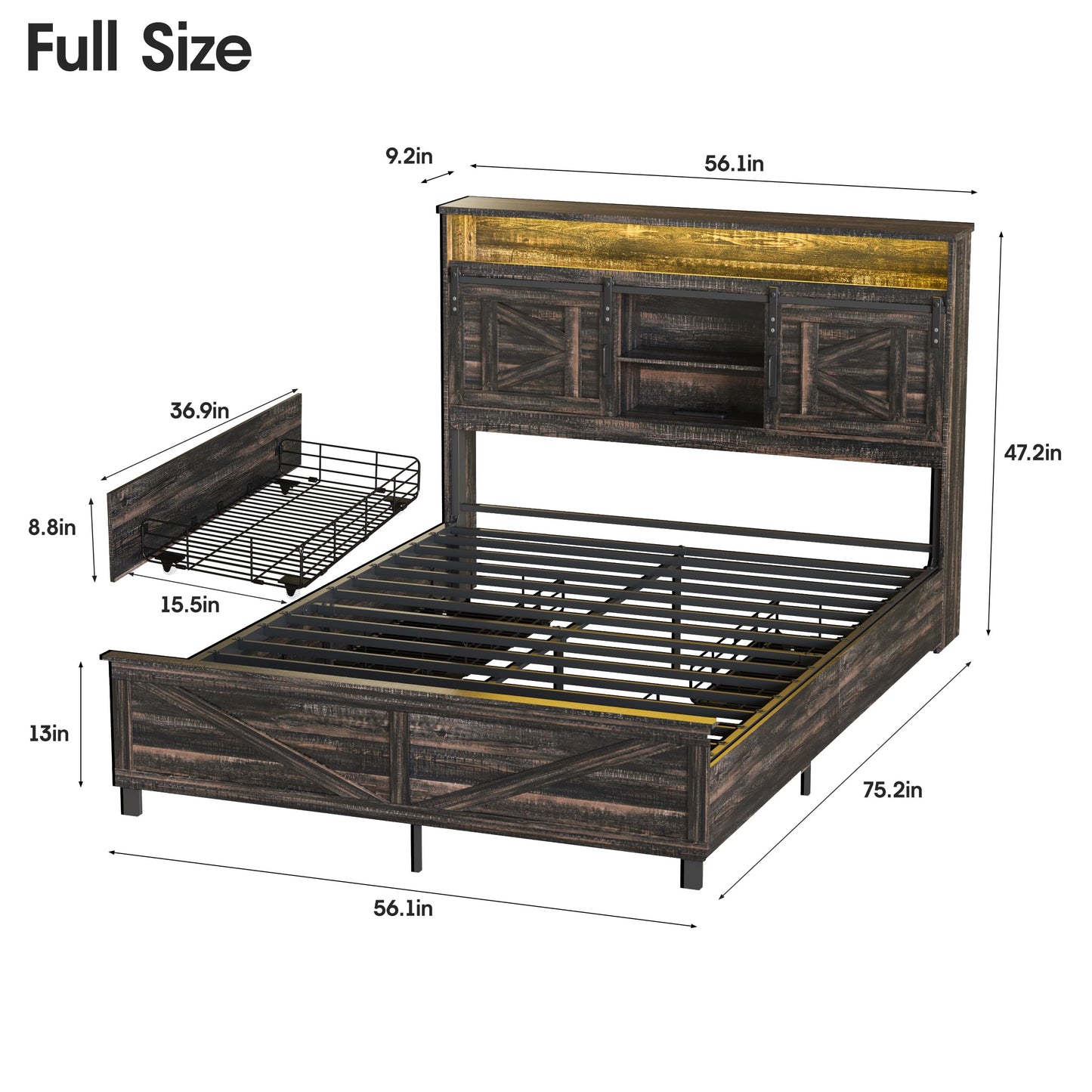 Fameill Farmhouse Full Size Bed Frame with 4 Drawers, Bookcase Headboard, LED Lights, Charging Station & Sliding Barn Door Shelves in Dark Rustic Oak - WoodArtSupply