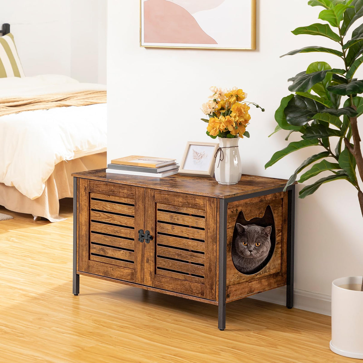 HOOBRO Cat Litter Box Enclosure, Hidden Litter Box Furniture with Shutter Door and Head Mat, Cat Litter Box Furniture Fit Most of Litter Box, 31.5''L x 17.7''W x 19.9''H, Rustic Brown BF06MW01 HOOBRO