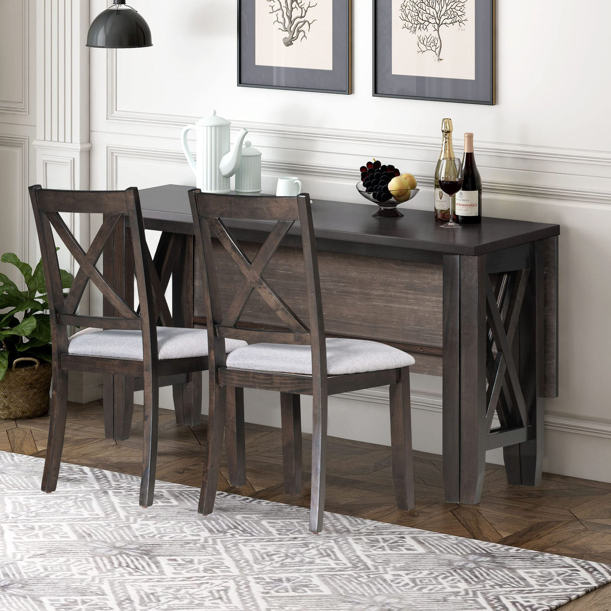 6 Piece Dining Room Table Set, Rustic Farmhouse Dining Room Foldable Table with 4 Upholstered Chairs and Bench, Solid Wood Kitchen Dining Table Set for 6 Persons (Espresso) Merax