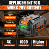 Supowill 20V 6.0Ah Replacement for Worx 20V Battery PowerShare 20V Battery for WA3520 WA3525 WA3575 WA3578 WG151s WG155s WG251s WG255s WG540s WG545s WG890 WG891 Supowill