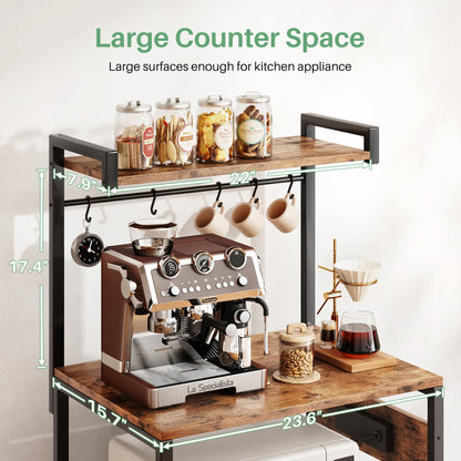 Standing Baker's Rack Coffee Bar Table - 4 Tiers Kitchen Microwave Stand with 6 Hooks, Kitchen Storage Shelves Rack，Rustic Brown