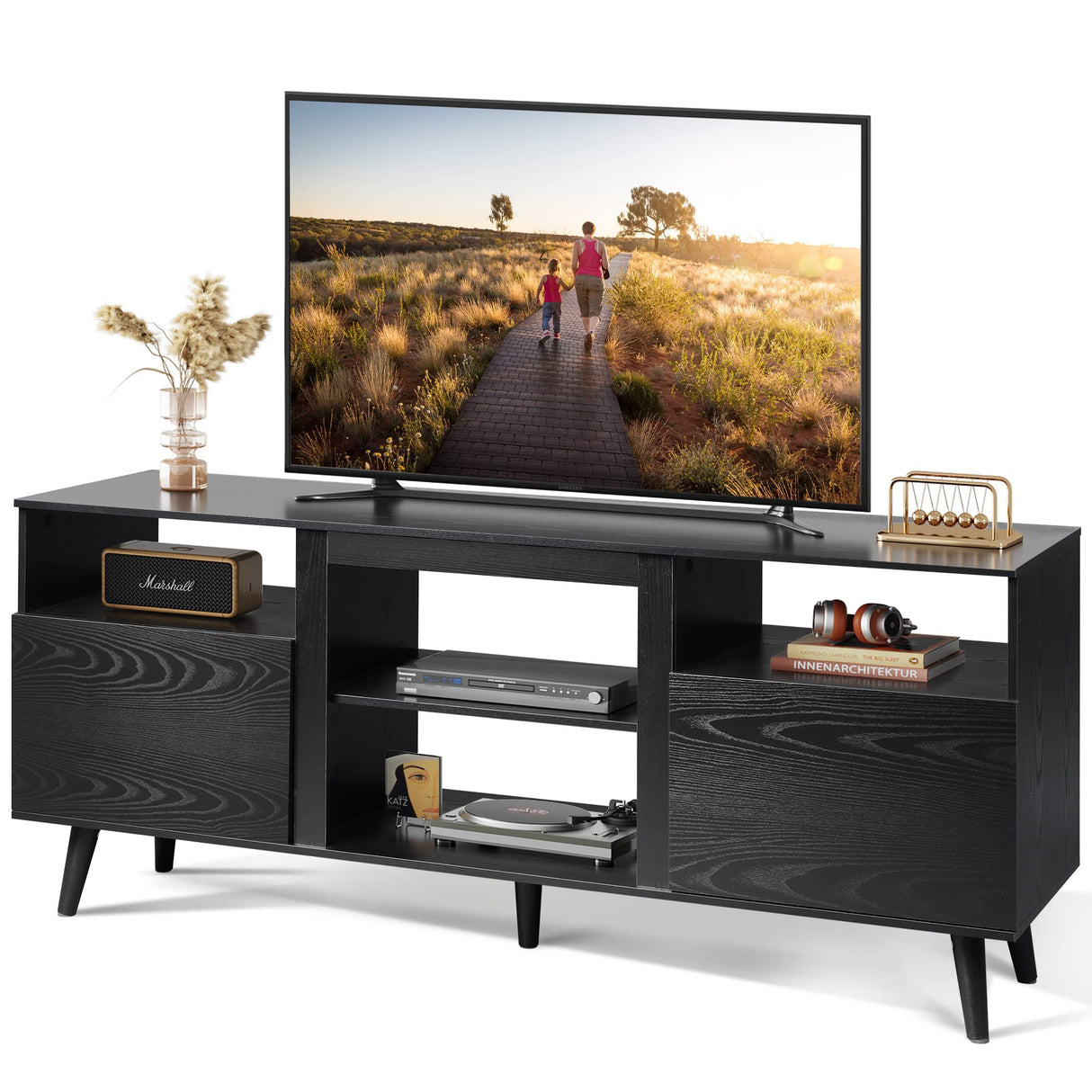 WLIVE TV Stand for 65 Inch TV, 58 inch Entertainment Center with 2 Storage Cabinets, Media Console for Living Room, Bedroom and Office, Black WLIVE