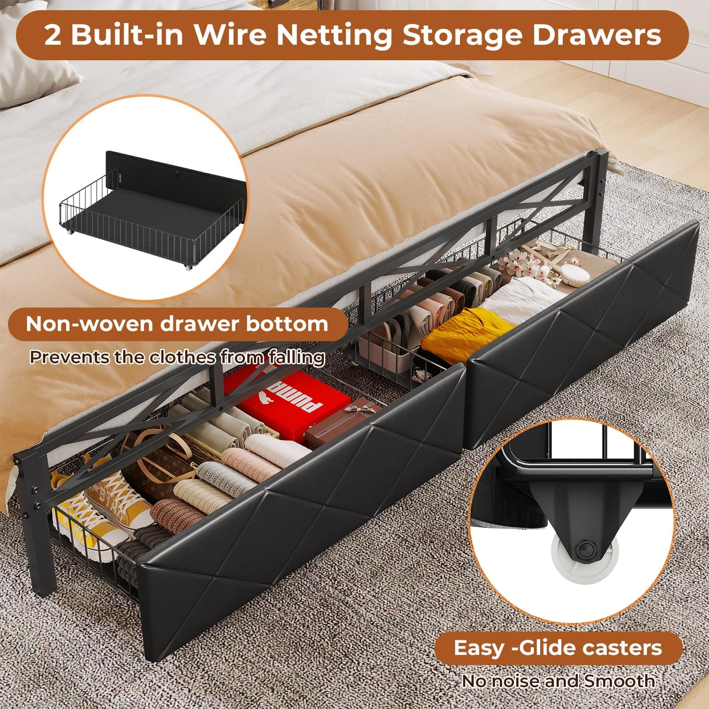 DICTAC King Size Bed Frame with Storage Headboard, LED Lights, and 2 Drawers – No Box Spring Needed, Black - WoodArtSupply