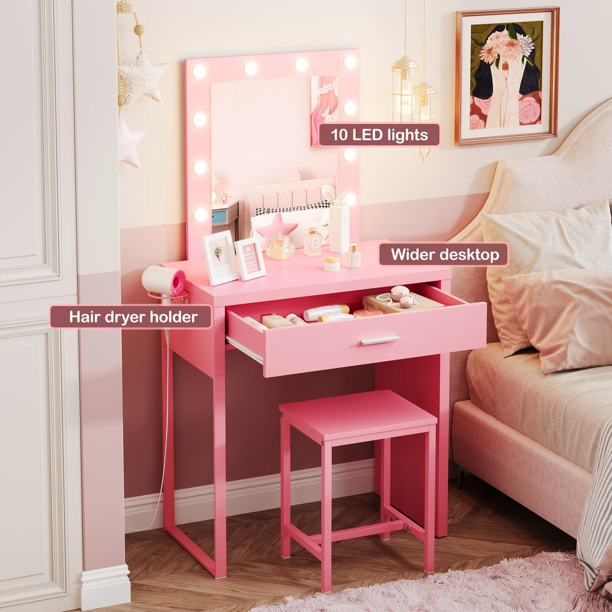 Makeup Vanity Desk with Mirror and Lights, Pink Vanity Table and Chair Set, Brightness Adjustable, Small Vanity for Girls' Bedroom Titoni