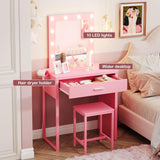 Makeup Vanity Desk with Mirror and Lights, Pink Vanity Table and Chair Set, Brightness Adjustable, Small Vanity for Girls' Bedroom Titoni