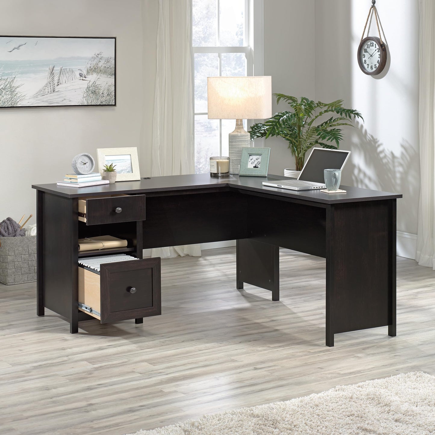 Sauder County Line L-Desk, L: 61.26" x W: 59.06" x H: 30.04", Estate Black Finish - WoodArtSupply