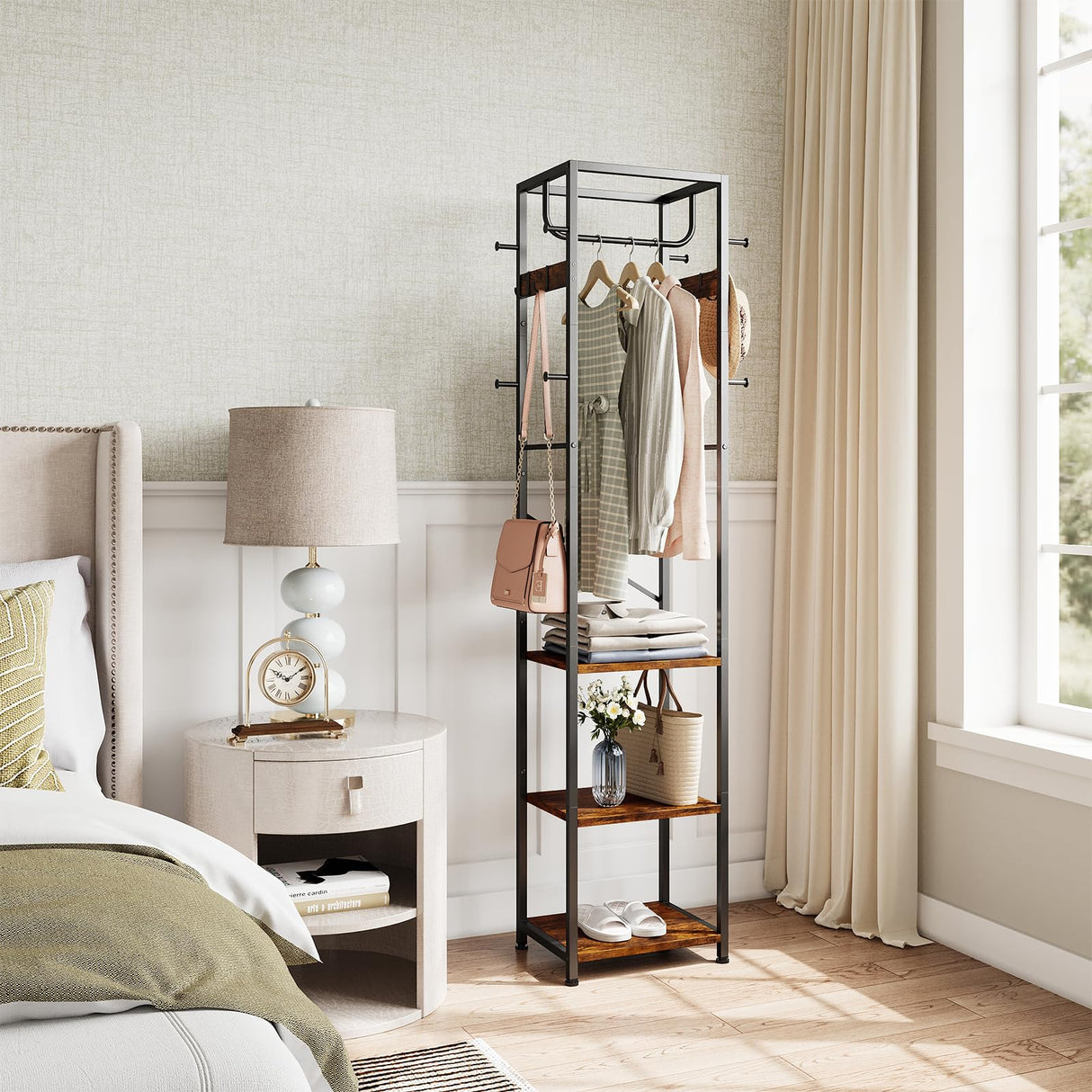 ELYKEN Coat Rack Freestanding, Hall Tree with 3 Storage Shelves and 12 Hooks, Industrial Clothes Rack Stand Organizer for Bedroom, Hallway, Entryway, Office, Living Room, Rustic Brown ELYKEN