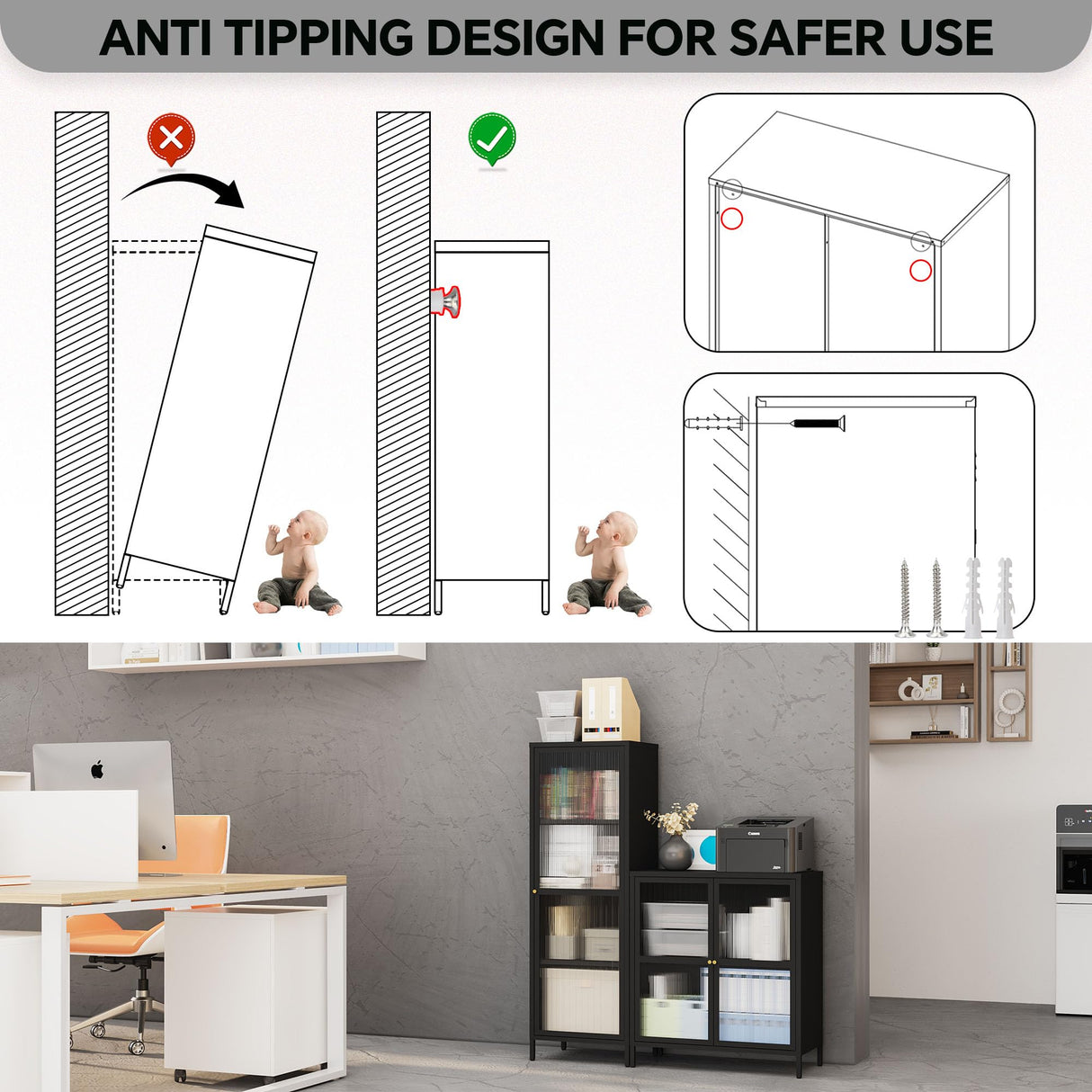 MIOCASA Metal Storage Cabinet with Glass Door, Steel File Cabinet with 3 Shelves 59.06-inch high for School, Bedroom, Home Office, Gym and Changing Room - Black MIOCASA