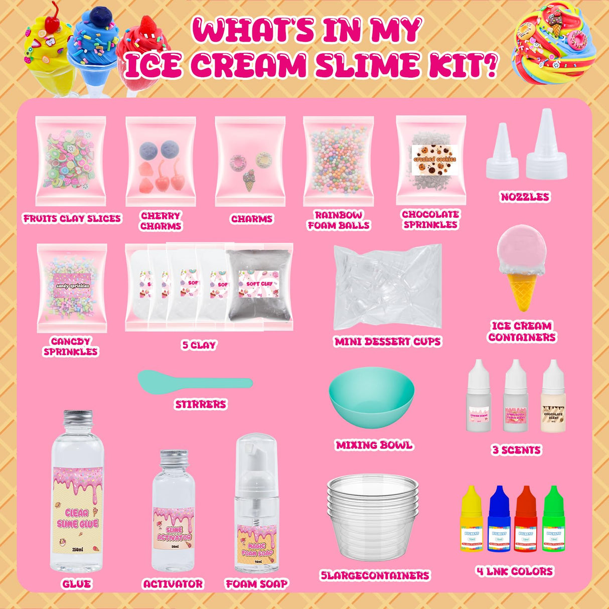 Mini Ice Cream Slime Kit for Girls, Fluffy Butter Slime Making Kit, DIY Slime Kit with 30+ Pieces for Ages 8-12, Fun Holiday Gift Idea for Birthday & Easter Funewest