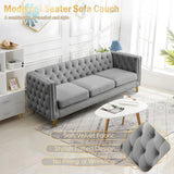 Velvet 3 Seater Sofa Couch, Comfy Couches for Living Room, Modern Sofa with Tufted Back and Rivet Decoration, Upholstered Long Couch with Solid Golden Metal Tapered Legs, Grey KINFFICT