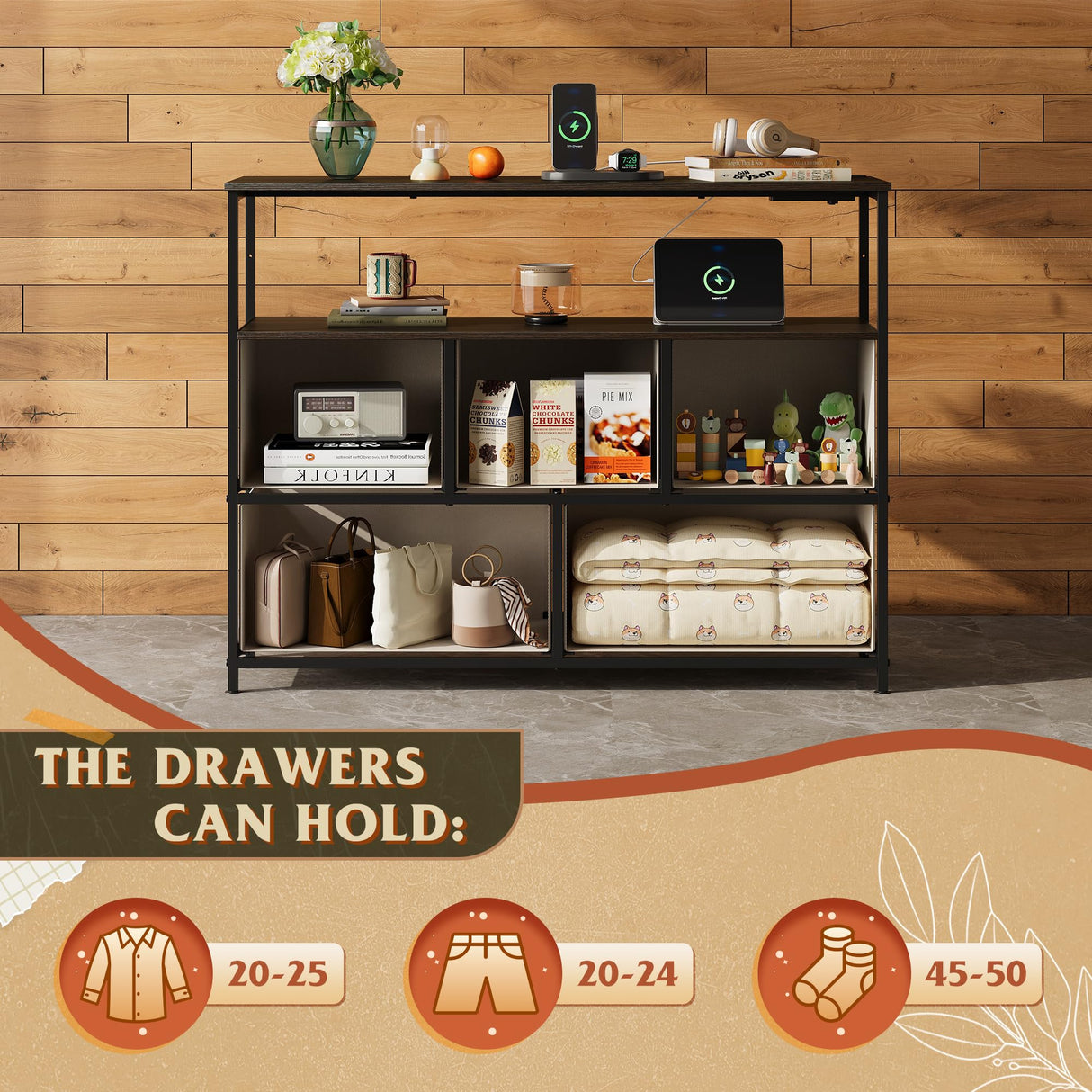 WLIVE 5 Drawer Dresser TV Stand for 45 Inch TV, Entertainment Center with Open Shelf and Power Outlet, Chest of Drawers for Bedroom, Living Room, Closet, Dark Grey WLIVE