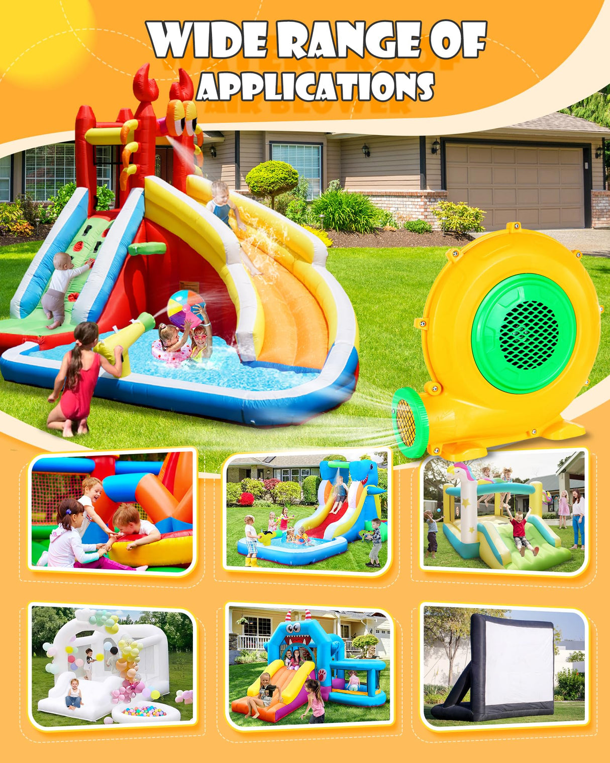 Step4Fun Bounce House Air Blower for Inflatables, 480 Watt ETL Certified Electric Blower, Perfect for Inflatable Bounce House Water Slide and Bouncy Castle Indoor & Outdoor Yellow Step4Fun