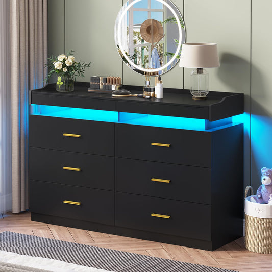 HAUOMS 6 Drawer Dresser with LED Lights,Dresser Chest of Drawers with 2 Pull-out Tray, Modern Double Wide Drawer Dresser Organizer Cabinet for Bedroom,Living Room,Entryway,Black - WoodArtSupply