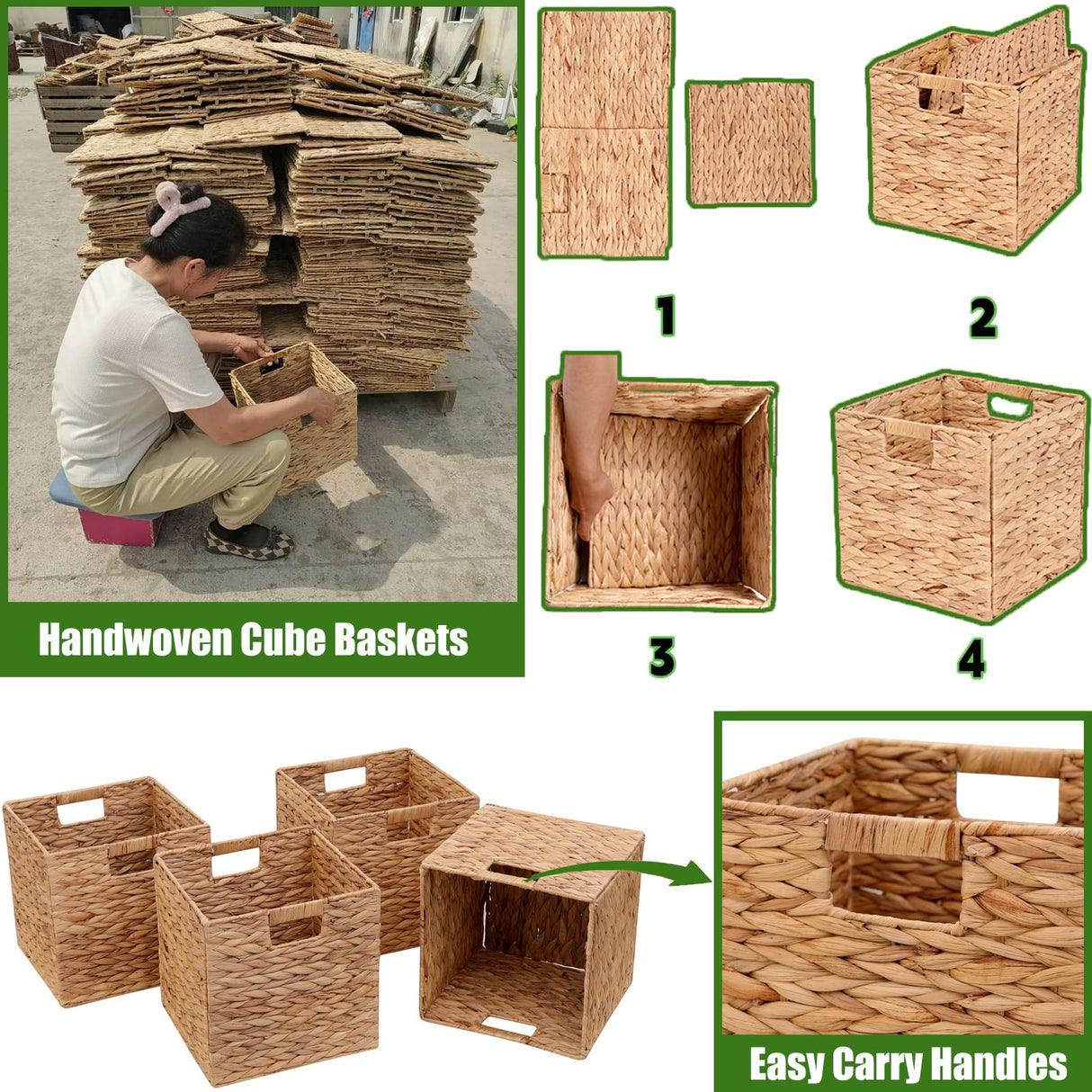 JGJCYO9 Storage Baskets Wicker Cube Baskets Foldable Handwoven Water Hyacinth Laundry Organizer,Cube Storage Baskets,Set of 4 pcs Baskets-11x11x11inch JGJCYO9