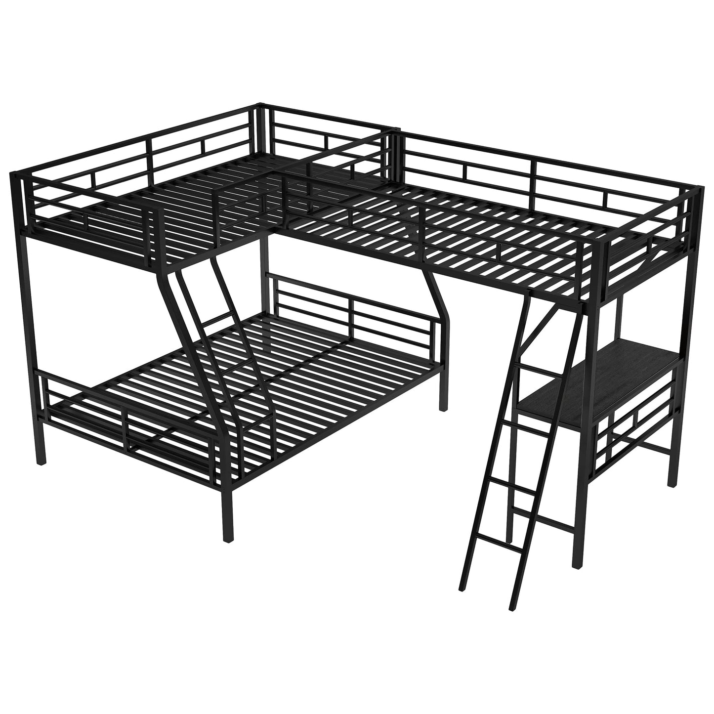 SOFTSEA Twin Over Full Metal Bunk Bed with Desk, L-Shaped Triple Bunk Bed with Ladder and Safety Guardrails, Heavy Duty Metal Bunk Bed Frame, Noise-Free, No Box Spring Needed, Black