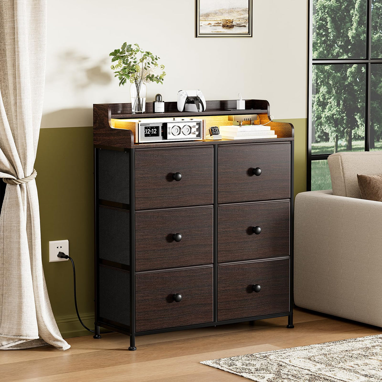 REAHOME Dresser for Bedroom with Charging Station and LED Lights, 6 Drawers Dresser TV Stand with Wooden Top, Tall Fabric Chest of Drawer with Sturdy Frame for Closet, Living Room, Hallway, Brown REAHOME