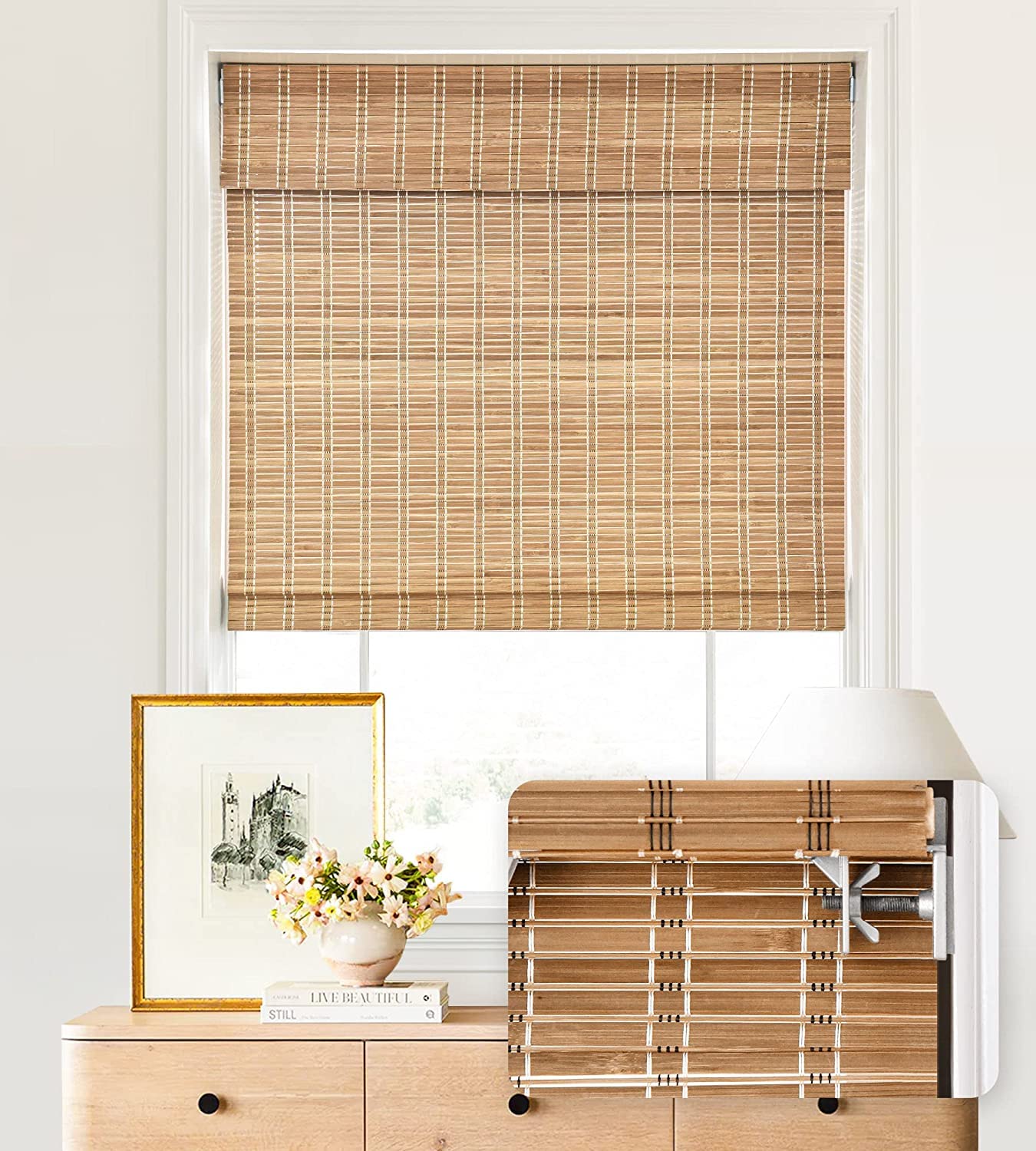 LazBlinds Cordless Custom Light Filtering Bamboo Roman Shades - Brown, No Tools or Drilling Required