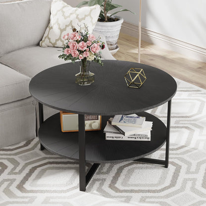 31.5" Coffee Tables for Living Room Small Coffee Table with Open Storage Shelf, 2-Tier Modern Circle Wood Center Table, Black