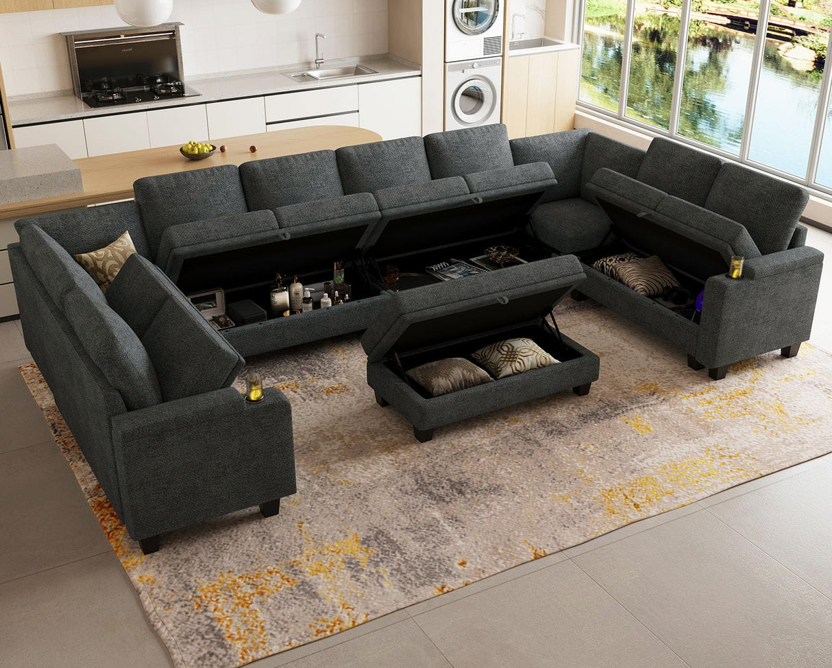 Belffin Oversized U Shaped Modular Sectional Couches for Living Room 10 Seater Modular Sofa Set with Storage Ottoman Large Sectional Couch with Cup Holder. Dark Grey Sofa Belffin