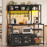 Itaar 47.2 Inch Bakers Rack with Power Outlet, Microwave Stand with Storage, Farmhouse Coffee Bar Cabinet Station with Wine Rack, Iron Grid and 8-S Hooks (Black) Itaar