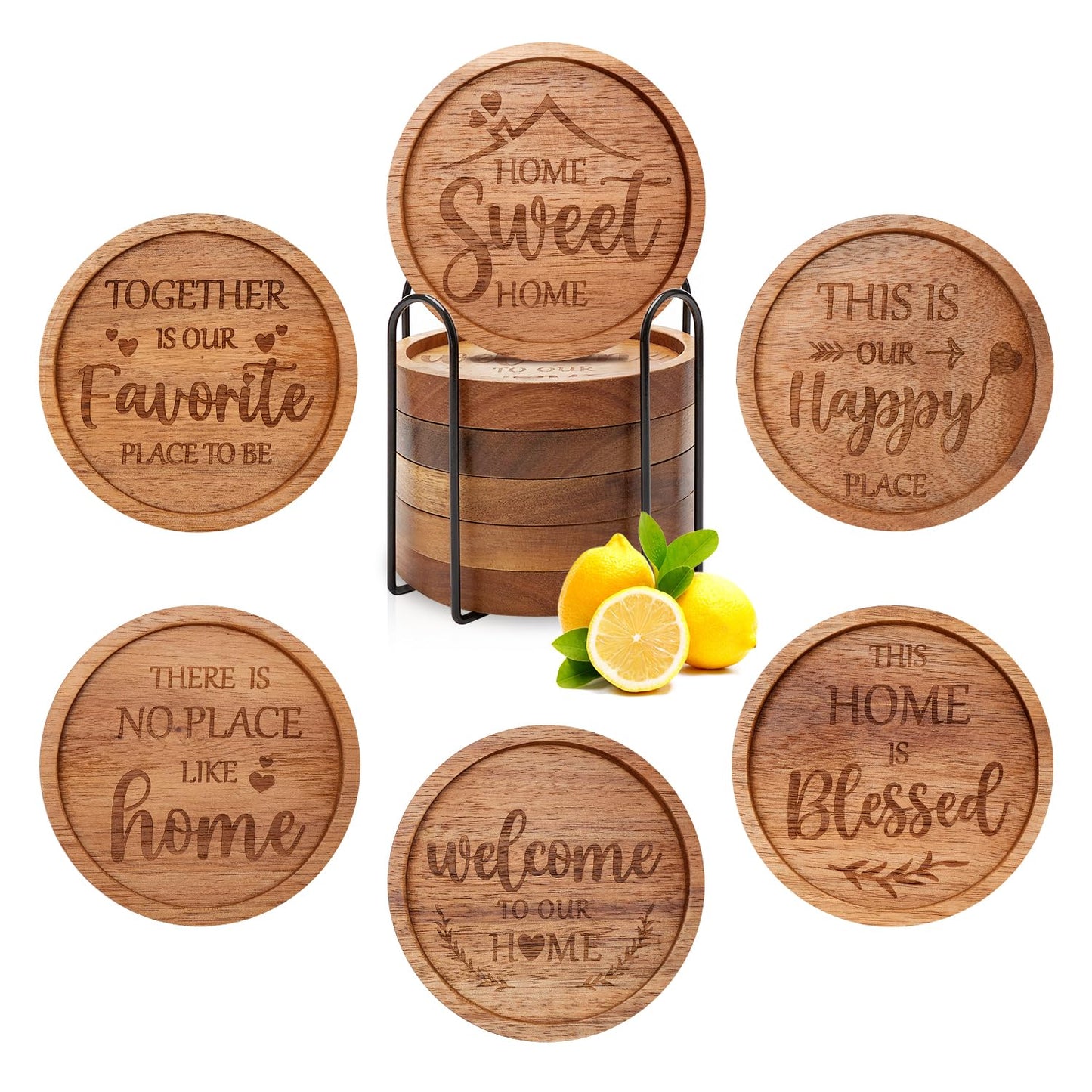 Housewarming Gifts New Home Decor Farmhouse Cup Coaster Set of 6 Wooden Coasters for Coffee Table Cute New House Warming Gift Decorative Rustic Drink Coasters with Holder Modern Wood Coaster