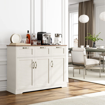 Kitchen Sideboard Buffet Cabinet with Storage, 15.7"D x 47.2"W x 35.1"H, Buffet Server Bar with 3 Shutter Doors and 3 Drawers for Wine, Coffee, Bar for Living Room, Dining Room, White Oak