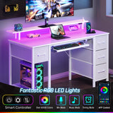Seventable Computer Desk 47.2" with LED Lights & Power Outlets, Home Office Desk with 4 Drawers, Writing Desk with Keyboard Tray, Study Desk with Monitor Stand, Work Desk for Home Office, White Seventable