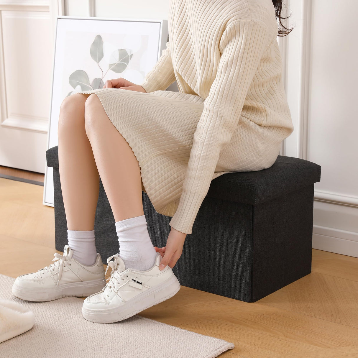 CUYOCA Storage Ottoman Bench Foldable Seat Footrest Shoe Bench End of Bed Storage with Flipping Lid, 75L Storage Space, 30 inches Linen Fabric Black CUYOCA