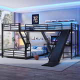 Quarte L-Shaped Twin Over Full Bunk Bed with Twin Size Loft Bed, Metal Triple Bunk Bed with Slide and USB Ports, Space-Saving,Designed for Kids Boys Girls Quarte