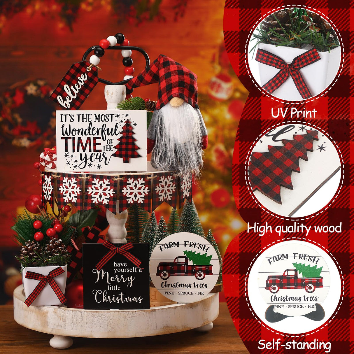 Soaoo 16 Pcs Christmas Tiered Tray Decor Christmas Gnome Plush Tray Decor Farmhouse Buffalo Plaid Wood Table Signs for Holiday Table Centerpieces Home Decorations Soaoo