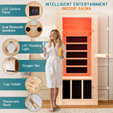 Albott Infrared Sauna 1 Person, Infrared Saunas for Home, 930W/110V Hemlock Wood Dry Sauna with Tourmaline Stone Foot Warmer, 7-Color Light Therapy, 2 Bluetooth Speakers, 27.2"x32.3"x61" Albott