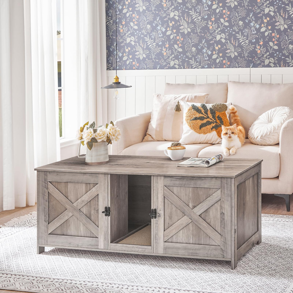 MAHANCRIS Cat Litter Box Enclosure for 2 Cats, 47.2" Hidden Cat Litter Box Furniture with Double Room, Wooden Cat Washroom Cabinet with Scratching Board, Indoor Cat House End Table, Greige CWHG1201 MAHANCRIS