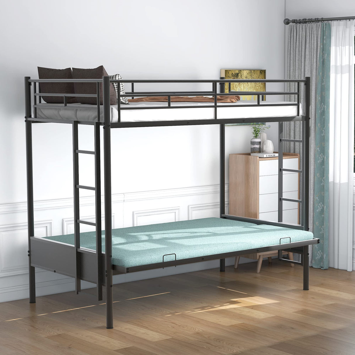 Harper & Bright Designs Twin Over Futon Bunk Bed,Metal Bunk Bed with Futon can Easy Conversion to Twin Over Full Bunk Beds, Futon Bunk Bed with Guardrails and 2 Ladders for Kids Teens, Black Harper & Bright Designs