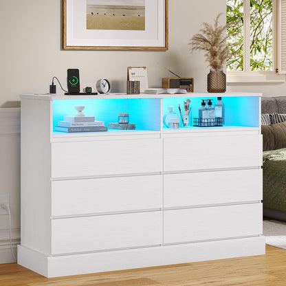 Hasuit White Dresser for Bedroom with LED Lights and Charging Station, 51.2" Long Dresser Chest of Drawers with Large Drawers and Open Space, Modern 6 Drawer Dresser for Bedroom, Living Room, - WoodArtSupply