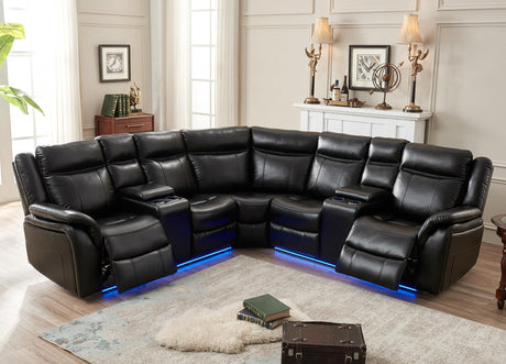 Power Recliner Sectional Sofa Couches with LED Lights for Living Room, Faux Leather Wall Hugger Reclining Corner Couch Sets with 2 Home Theater Seat, USB Charger, Cup Holder, Storage Console, Black Comfort Stretch