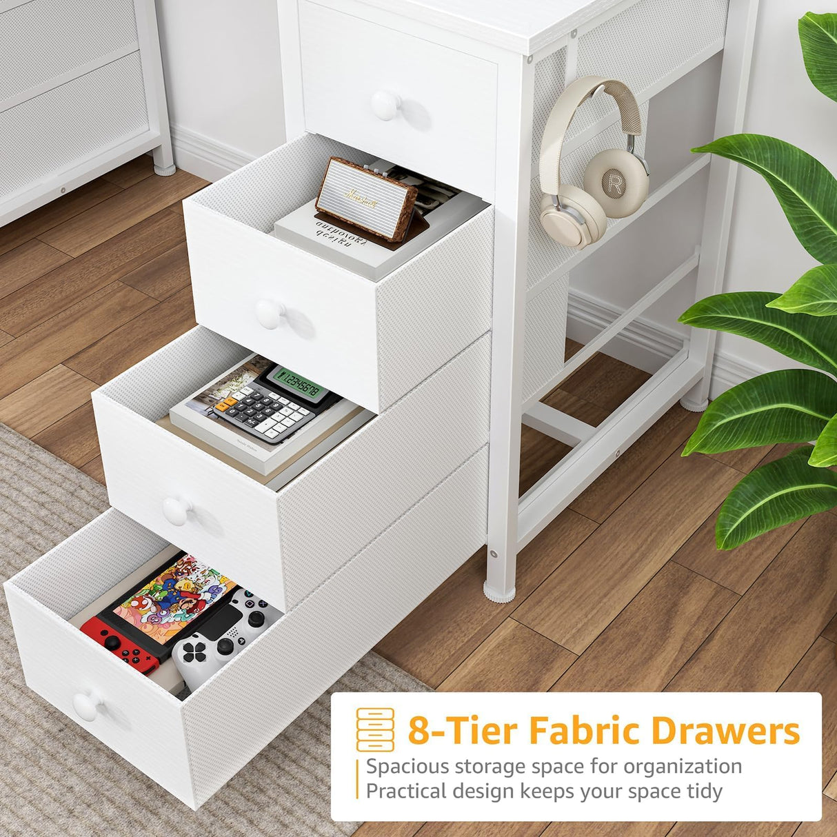 White Vanity Desk No Mirror - 47 Inch White Office Computer Desk with 8 Fabric Drawers on Both Sides for Girls, Makeup Work Writing Study Desks, Vanity Table No Mirror for Bedroom DLisiting