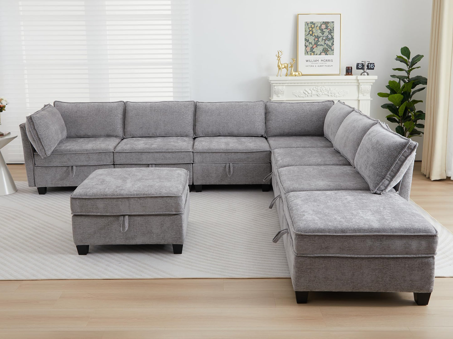 Oversize Corner Modular Sectional Sofa Set, Convertible L Shaped Couch with Storage, 8 Seater Sofa Modular with Ottomans and Reversible Chaise for Living Room, Office (Grey)