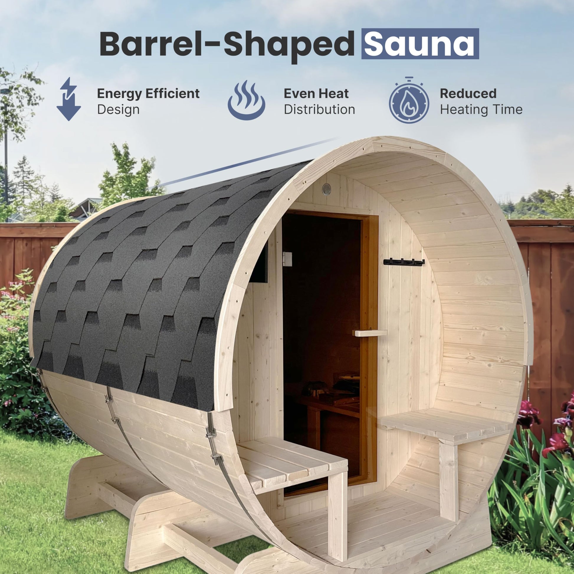 ALEKO Barrel Sauna | Personal Dry Wet Steam Sauna | Indoor Outdoor | White Finland Pine w/Front Porch Canopy | 6-8 Person | UL Certified 8 kW KIP Harvia Heater | - WoodArtSupply