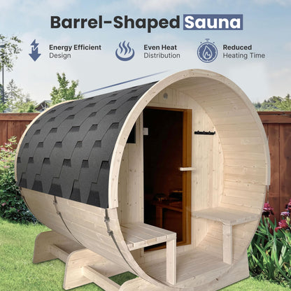 ALEKO Barrel Sauna | Personal Dry Wet Steam Sauna | Indoor Outdoor | White Finland Pine w/Front Porch Canopy | 6-8 Person | UL Certified 8 kW KIP Harvia Heater | - WoodArtSupply