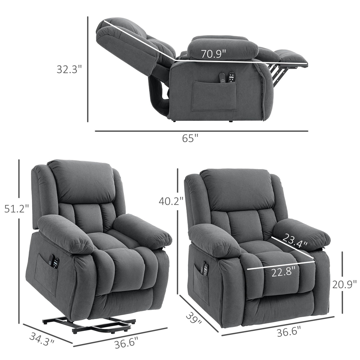 HOMCOM Power Lift Recliner Chair for Elderly with Vibration Massage and Heat, Overstuffed Fabric Lift Chair Sofa with Remote Control, USB Port, Side Pockets, Pocket Spring, Gray HOMCOM